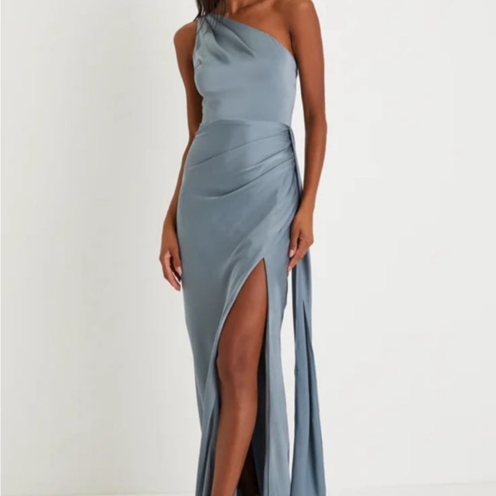 Lulus Signature Elegance Slate Blue Satin One-Shoulder Maxi Dress